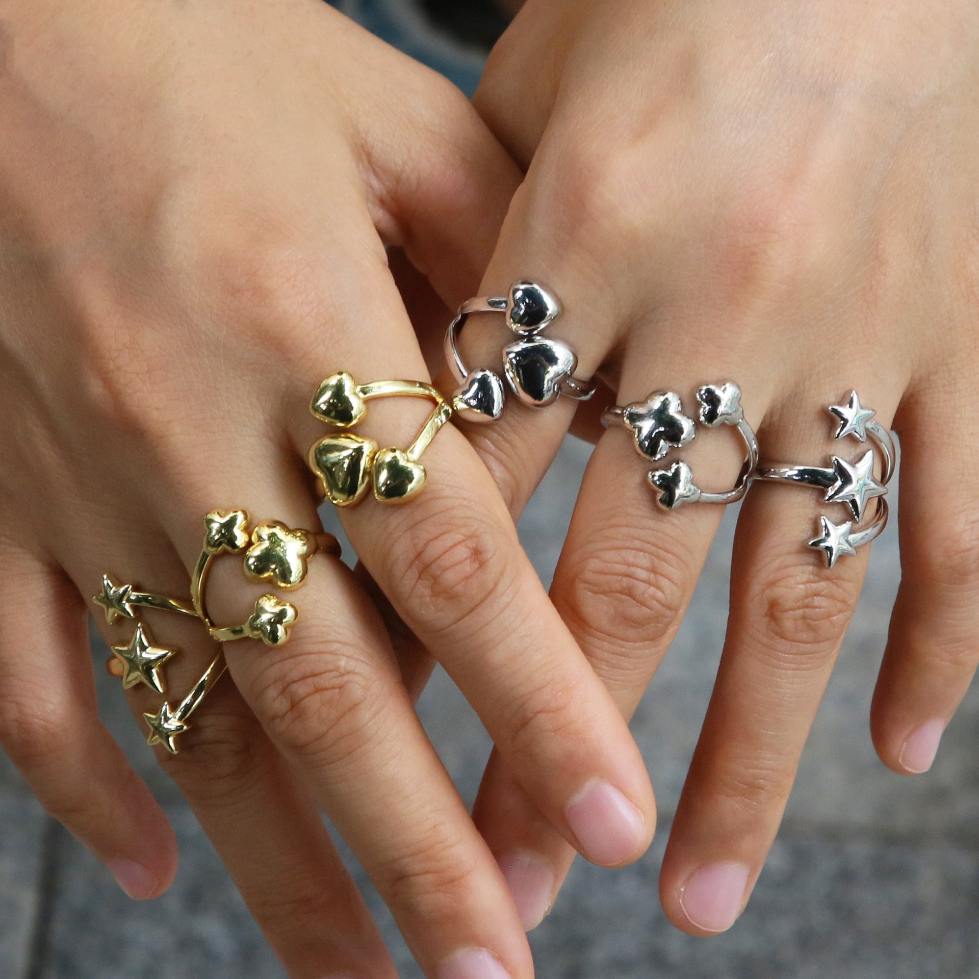Wholesale High-End Brass Color-Preserving Glossy Large and Small Love Heart-Shaped Star Flower-Shaped Fashion Open Ring