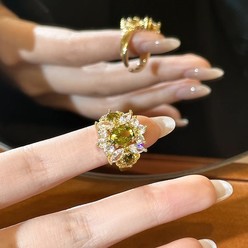 Wholesale Geometric Full Diamond Ring Adjustable Jaw in Silver Olive Green Boutique Jewelry Accessory for Everyday Wear