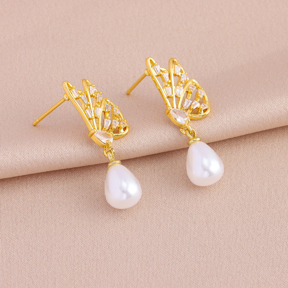 Wholesale Light Luxury  Zircon Inlaid Half Butterfly Pearl Pendant Women's Titanium Steel Necklace Earrings suit Jewelry