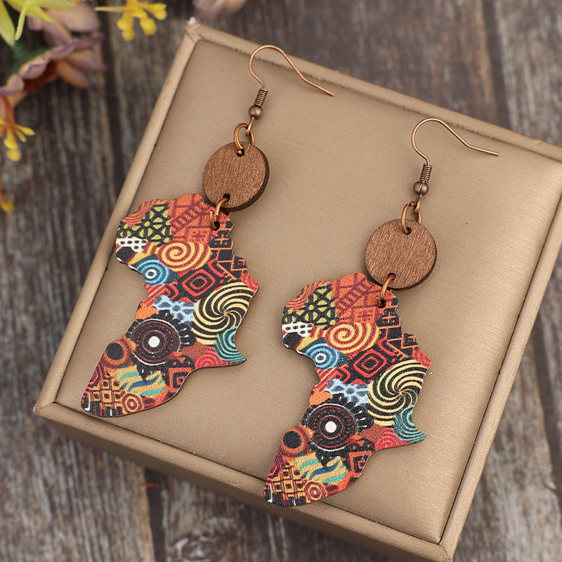 Wholesale Vintage Map Pattern Wooden Bohemian Earrings