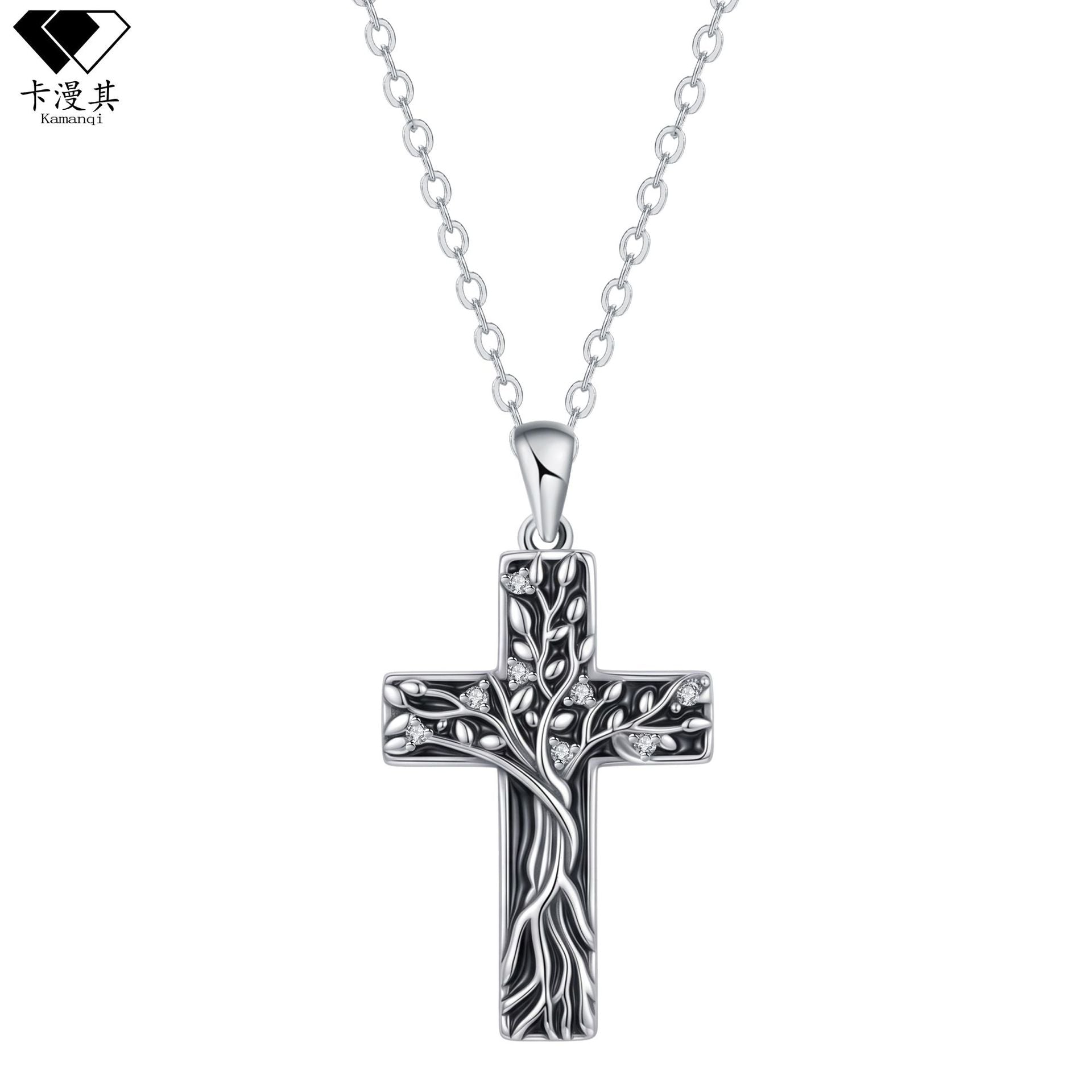 Wholesale Vintage Cross Tree of Life Zircon Pendant Necklace Copper Jewelry Boutique Resale