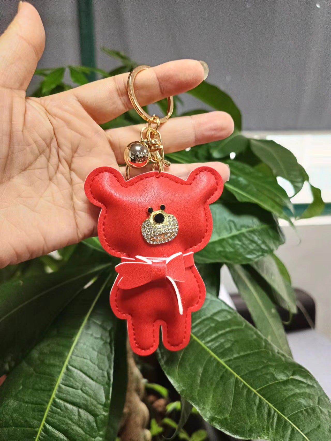Wholesale Chic European Style Red Leather Bow Bear Keychain Animal Keyring Pendant Bag Charm Gift