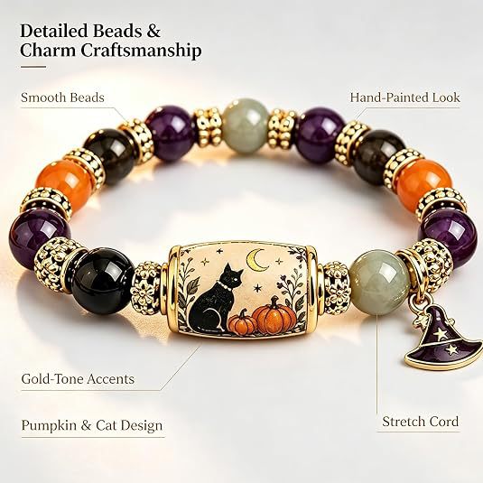 Wholesale  Black Cat Hand Beaded Bracelet Witch Hat Pumpkin Charm Jewelry Accessory Boutique Resale