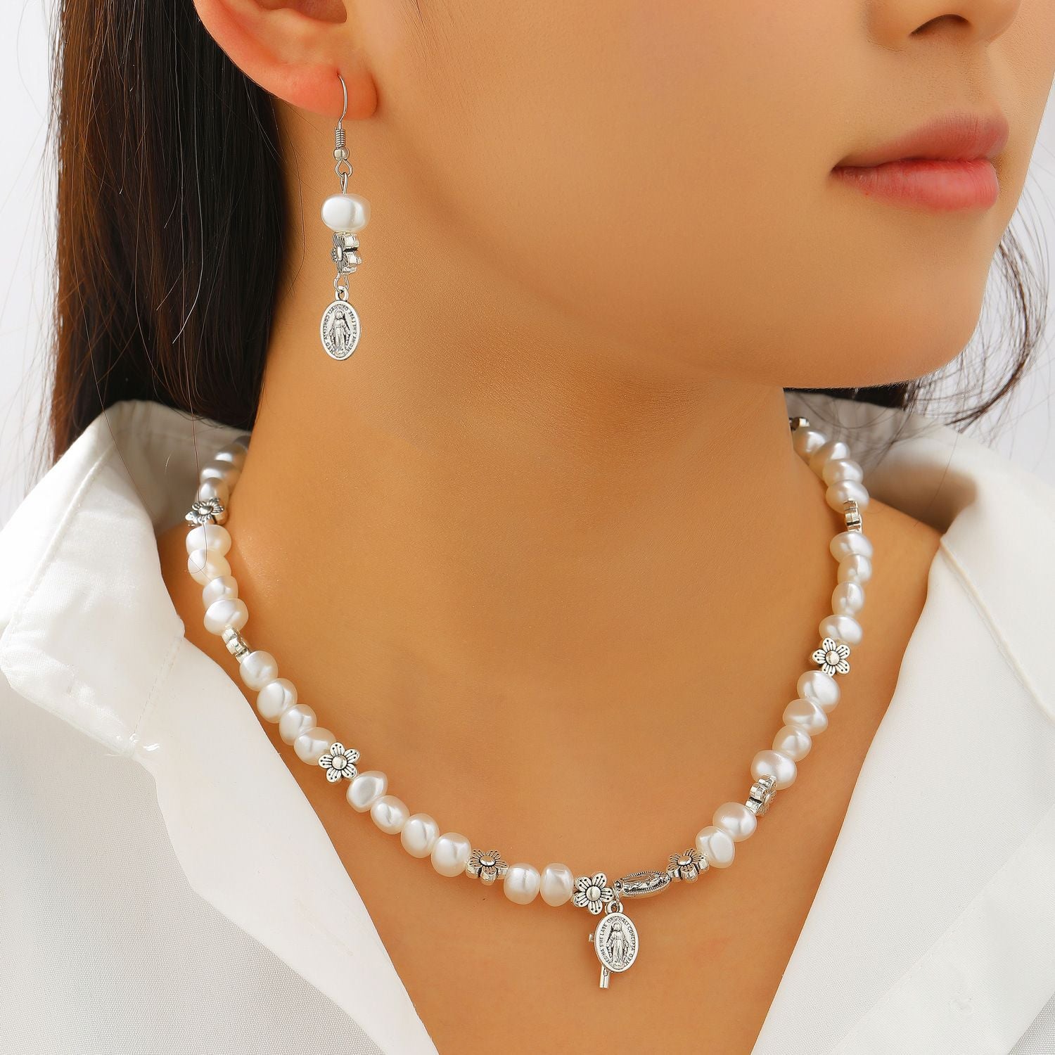 Wholesale Alloy man-made pearl beaded flower and cross Virgin Mary bracelet