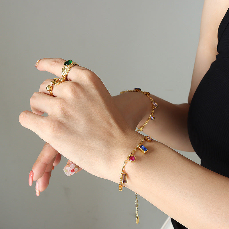 Wholesale Multi Color Zircon Tassel Necklace and Titanium Steel Bracelet Set Fashion Accessory for Party