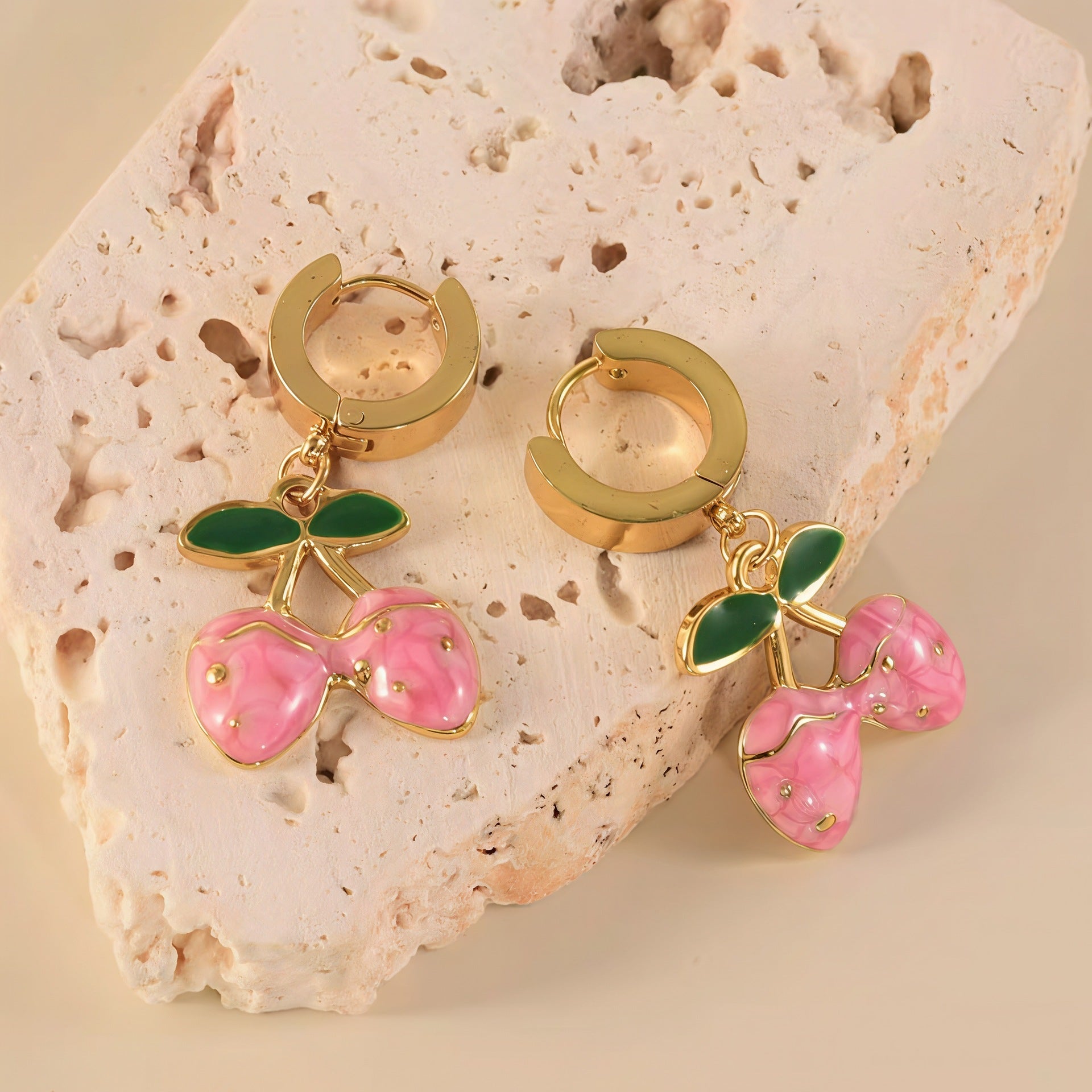 Wholesale Light Luxury Stainless Steel Sweet Enamel Strawberry  Cherry Hoop Earrings