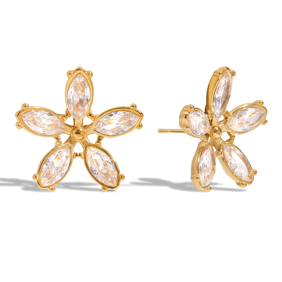 Wholesale 18K Gold Stainless Steel White Zircon Flower Earrings