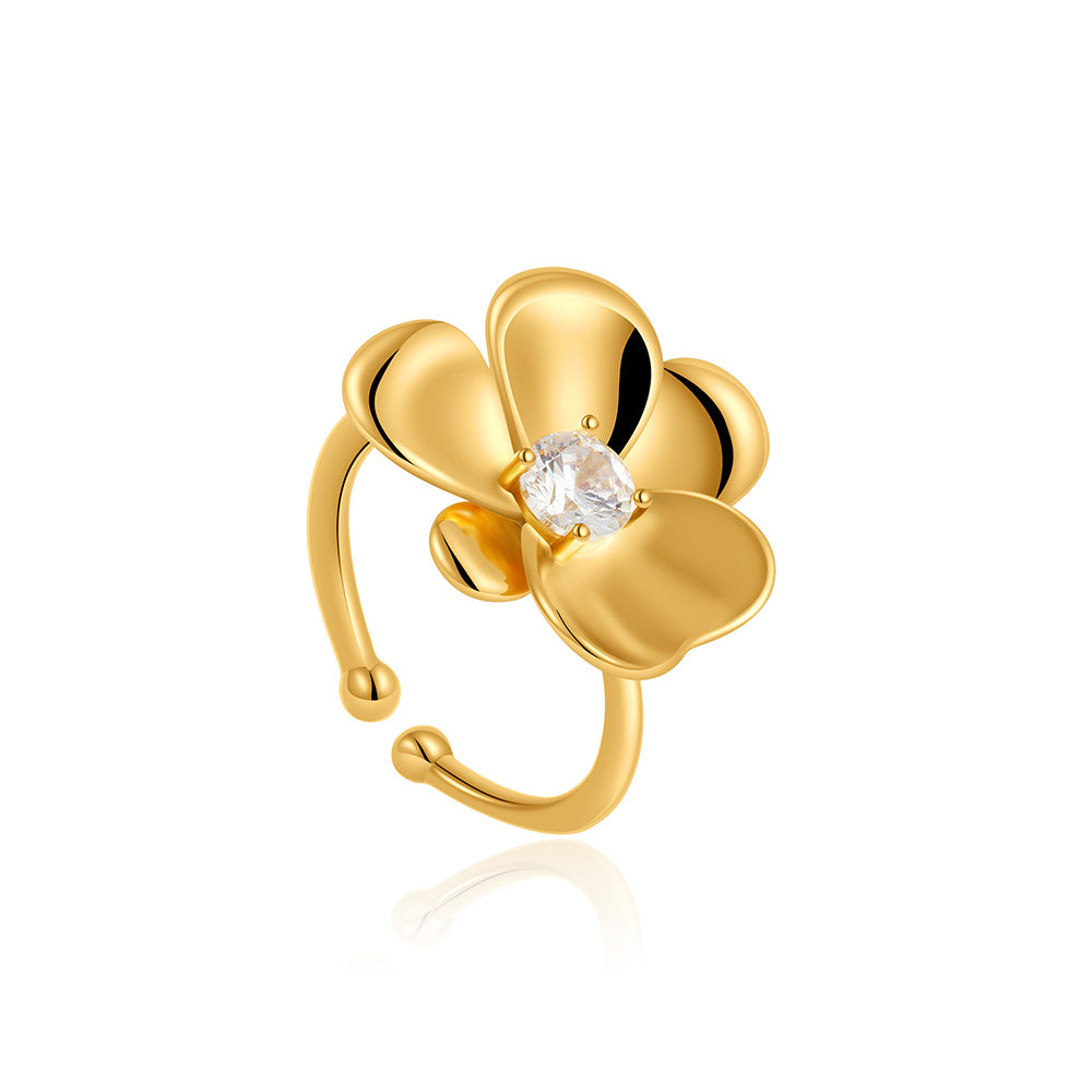 Wholesale 18K gold zircon flower ring open ring camellia earrings
