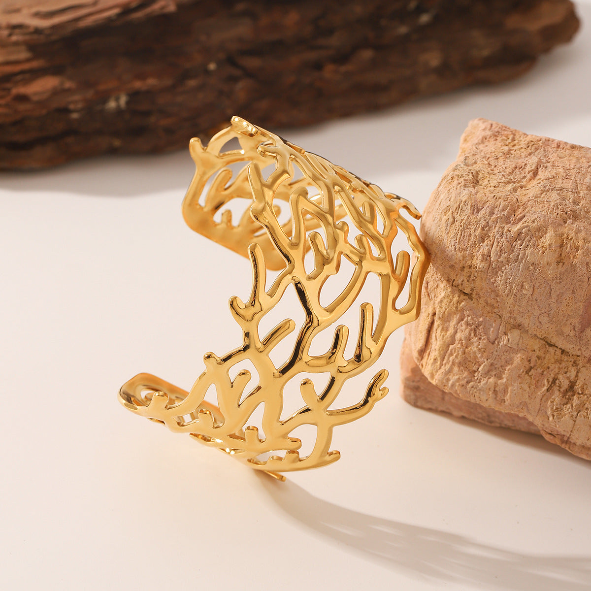 Wholesale  Stainless Steel Hollow Branch-shaped Wide-faced Open Bracelet