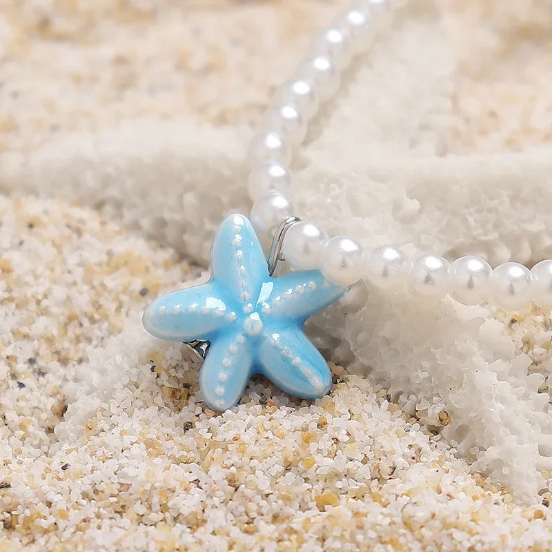 Wholesale Pearl Beaded Ceramic Painting Oil Painting Starfish Necklace