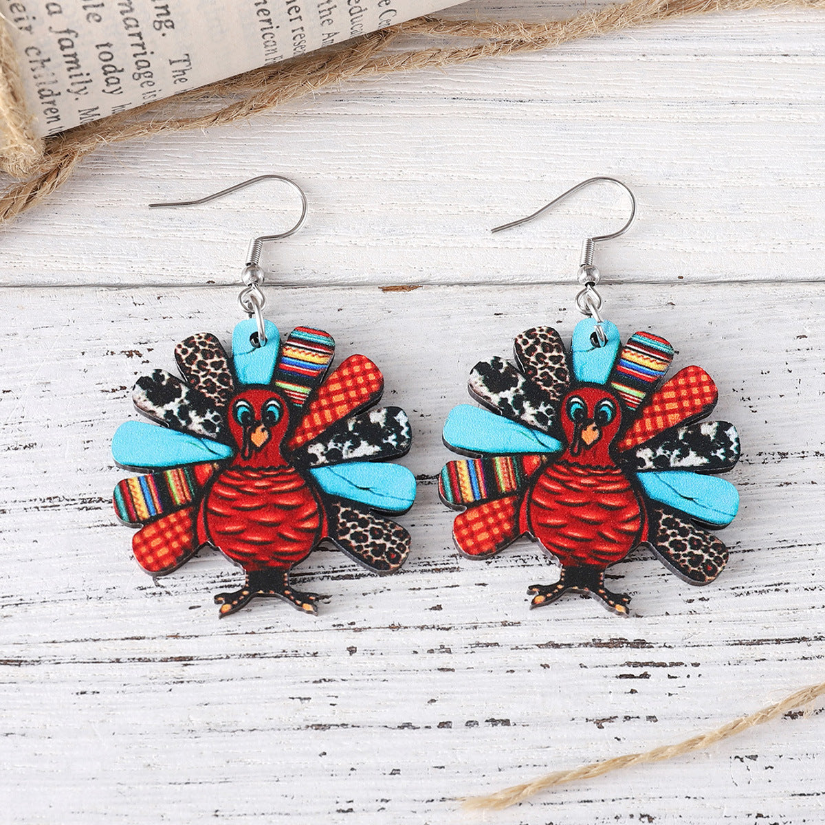 Wholesale Thanksgiving Leopard Print Turkey Pendant Earrings
