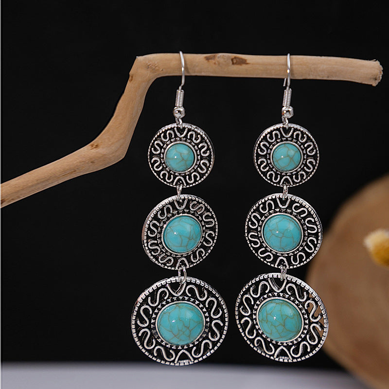 Wholesale Retro Ethnic Style Blue Turquoise Hollow Ring Flower Tassel Earrings Jewelry Accessory