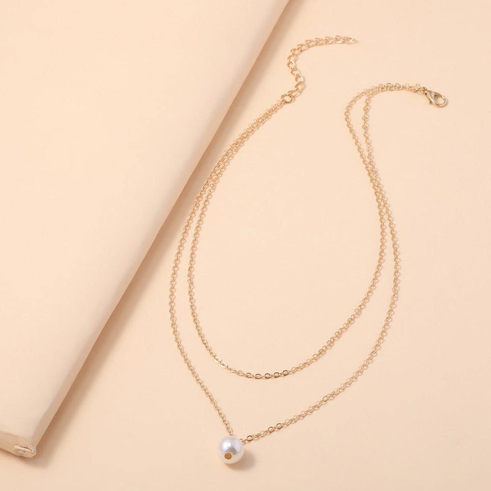 Wholesale single pearl pendant double-layer necklace adjustable necklace