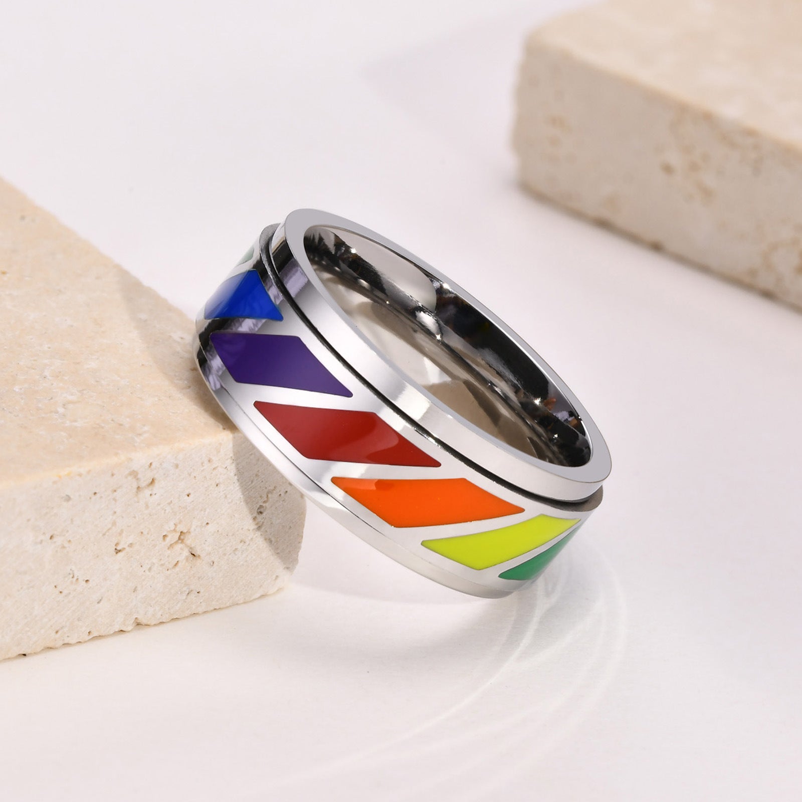 Wholesale Titanium Steel Men's Rainbow Ring Stainless Steel Rotatable Ring ACC-RS-QuanXishui001