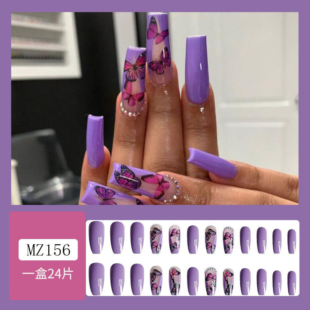 Wholesale 24 Pieces/box Purple Butterfly Manicure Press-on Nails Kits Nail Stickers ACC-NS-SanWei011