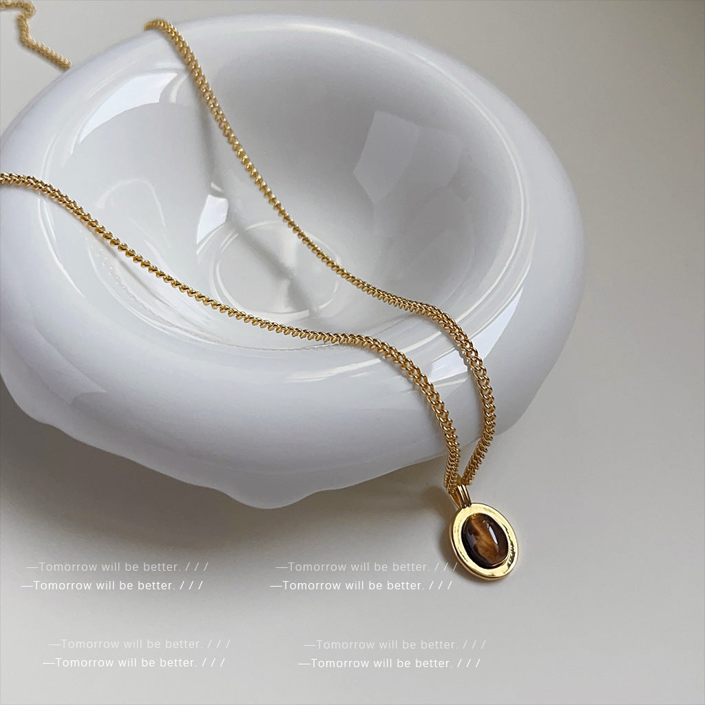 Wholesale Retro Natural Tiger Eye Stone Clavicle Necklace Copper Electroplated Fashion Jewelry Accessory