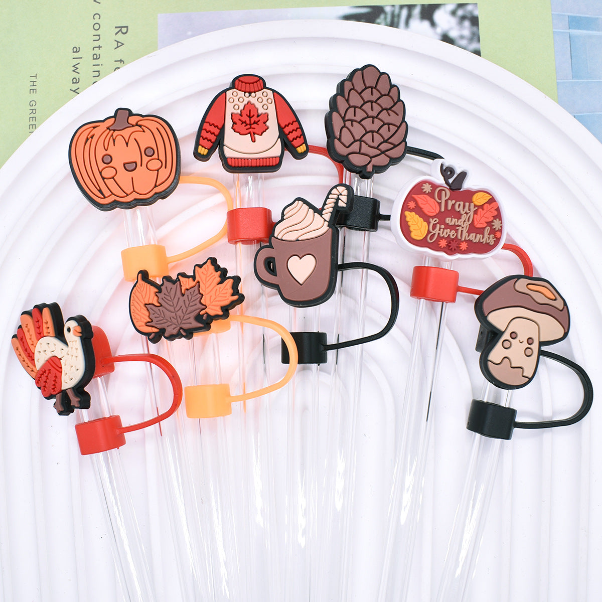 Wholesale Random 100pcs Thanksgiving 10mm PVC Soft Straw Tube Cap ACC-SCR-RYY103