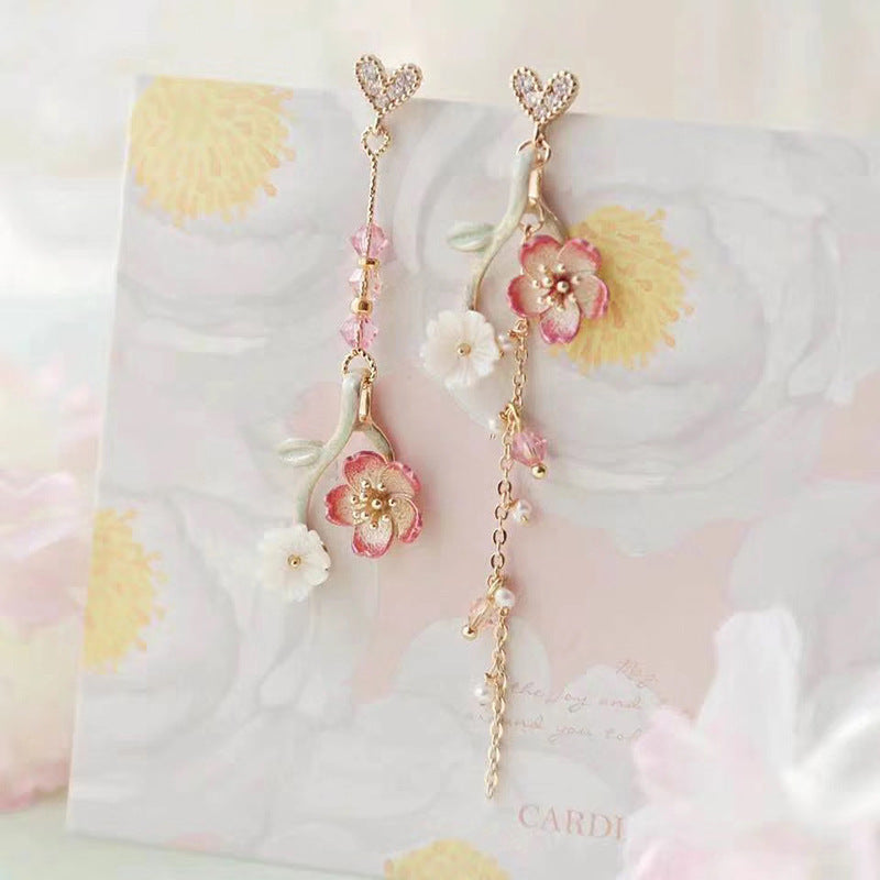 Wholesale Love Cherry Blossom Asymmetrical AB Long Tassel Rhinestone Oil Earrings
