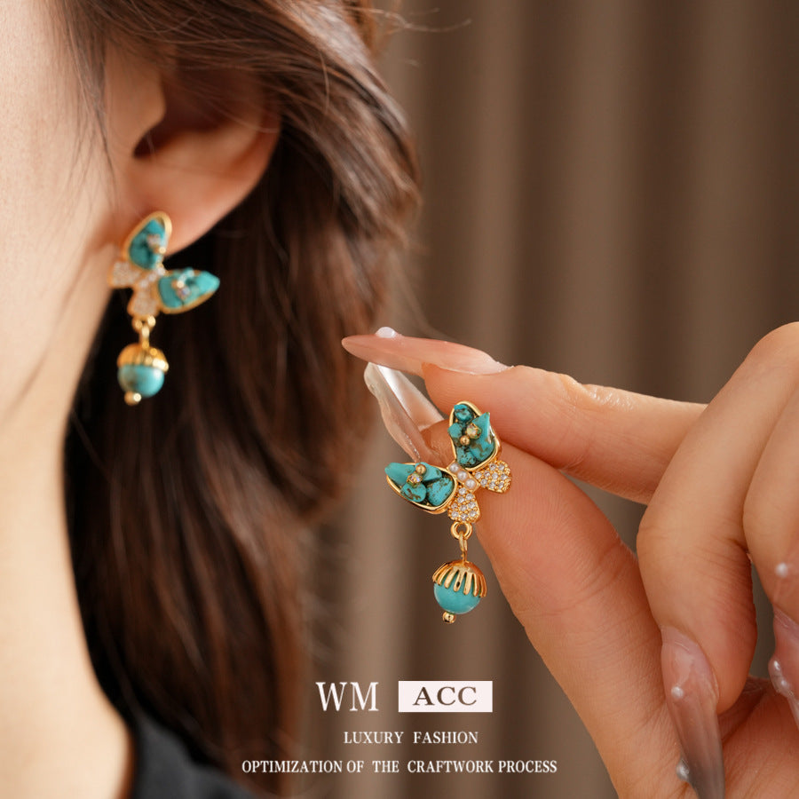 Wholesale Gold Plated Turquoise Butterfly Earrings Vintage Ethnic Style Fashion Accessory