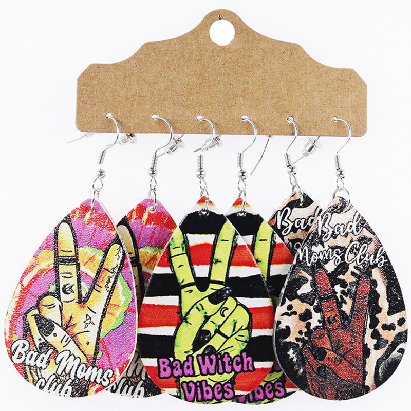 Wholesale Mother's Day Teardrop Shape Leather Floral Earrings Cow Pattern Set ACC-ES-Mijun004