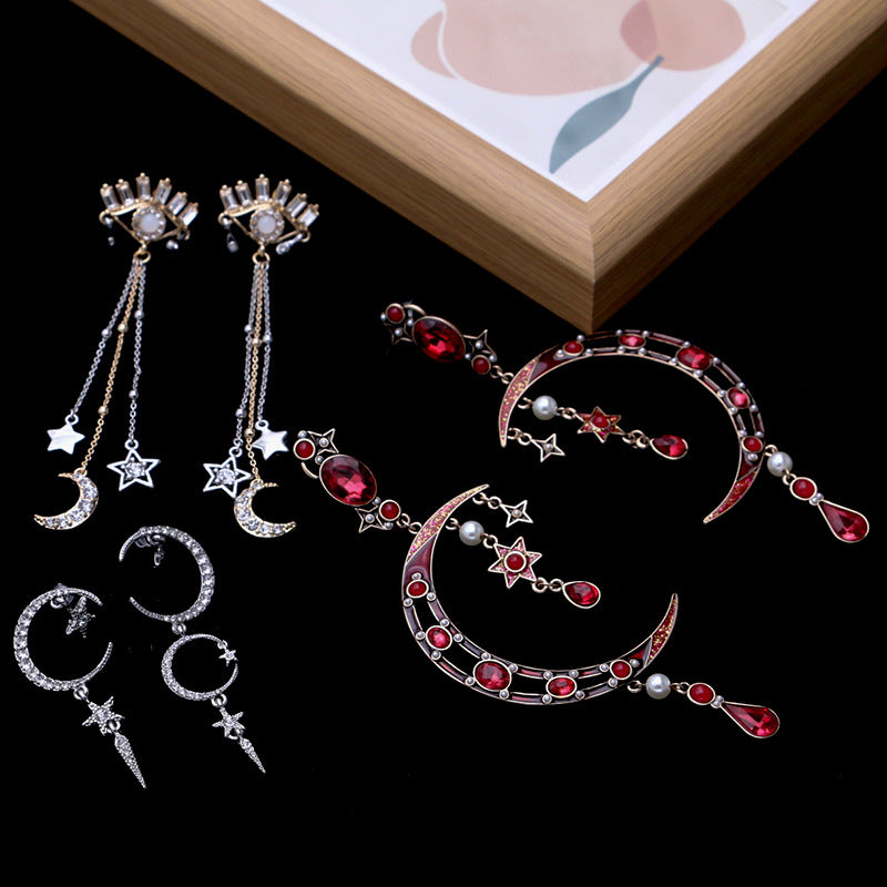 Wholesale exaggerated moon inlaid zircon silver needle earrings