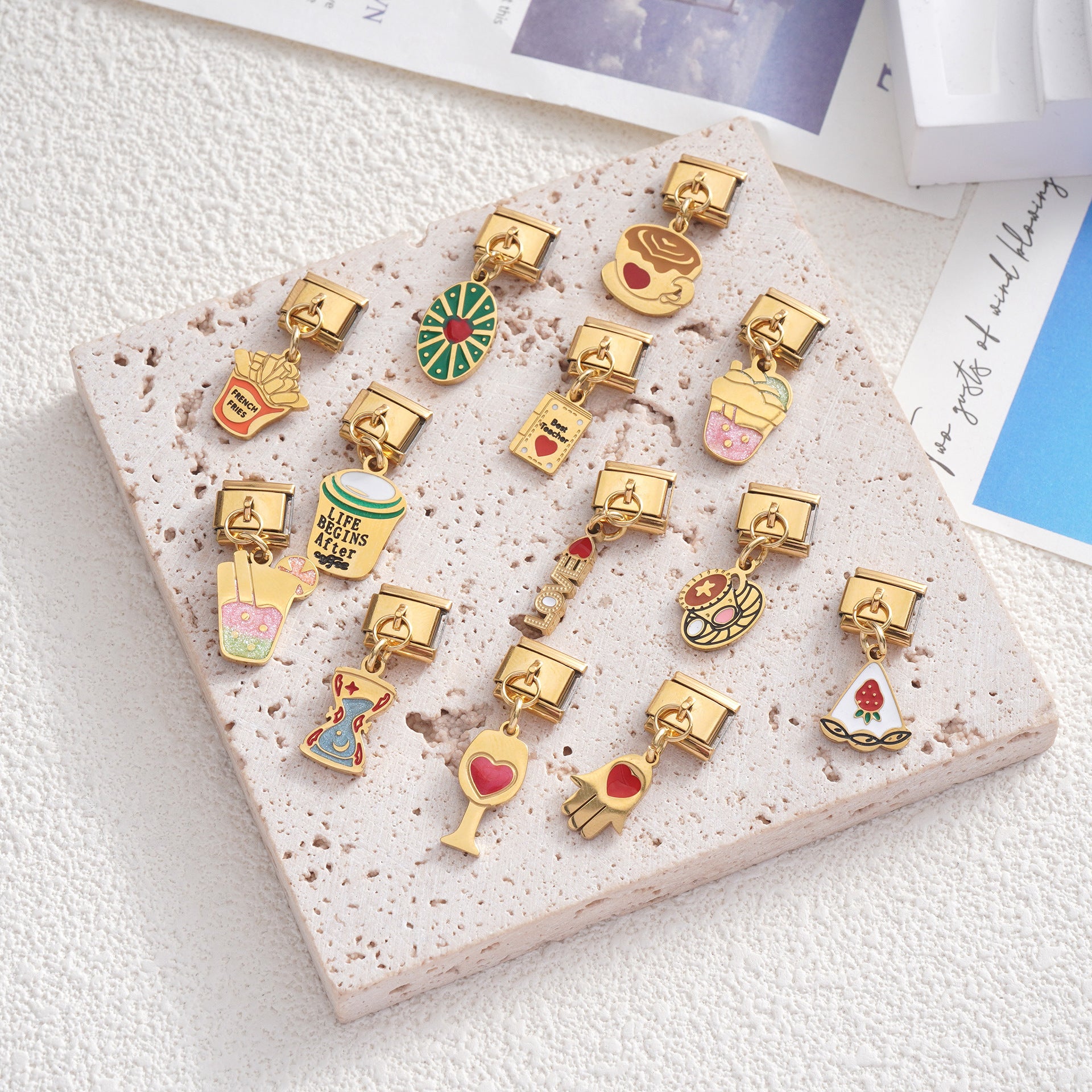 Wholesale Italian Charm Bracelet 9mm DIY Splicing French Fries Coffee Food Series Stainless Steel Composable Bracelet