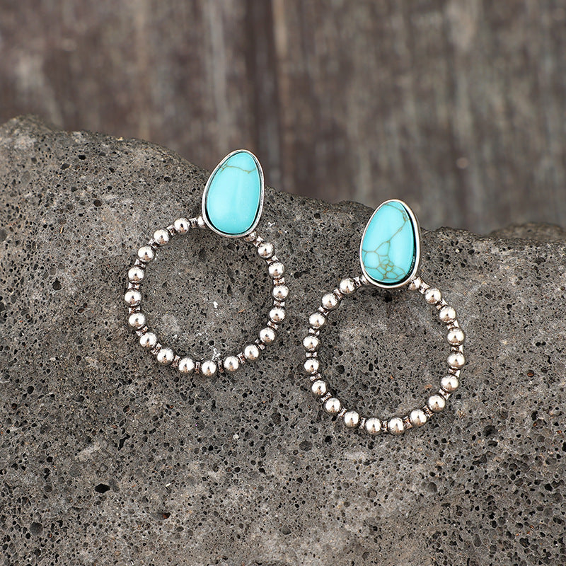 Wholesale Vintage Blue Turquoise Earrings Silver-Tone Alloy Bohemian Fashion Jewelry Accessory for Women