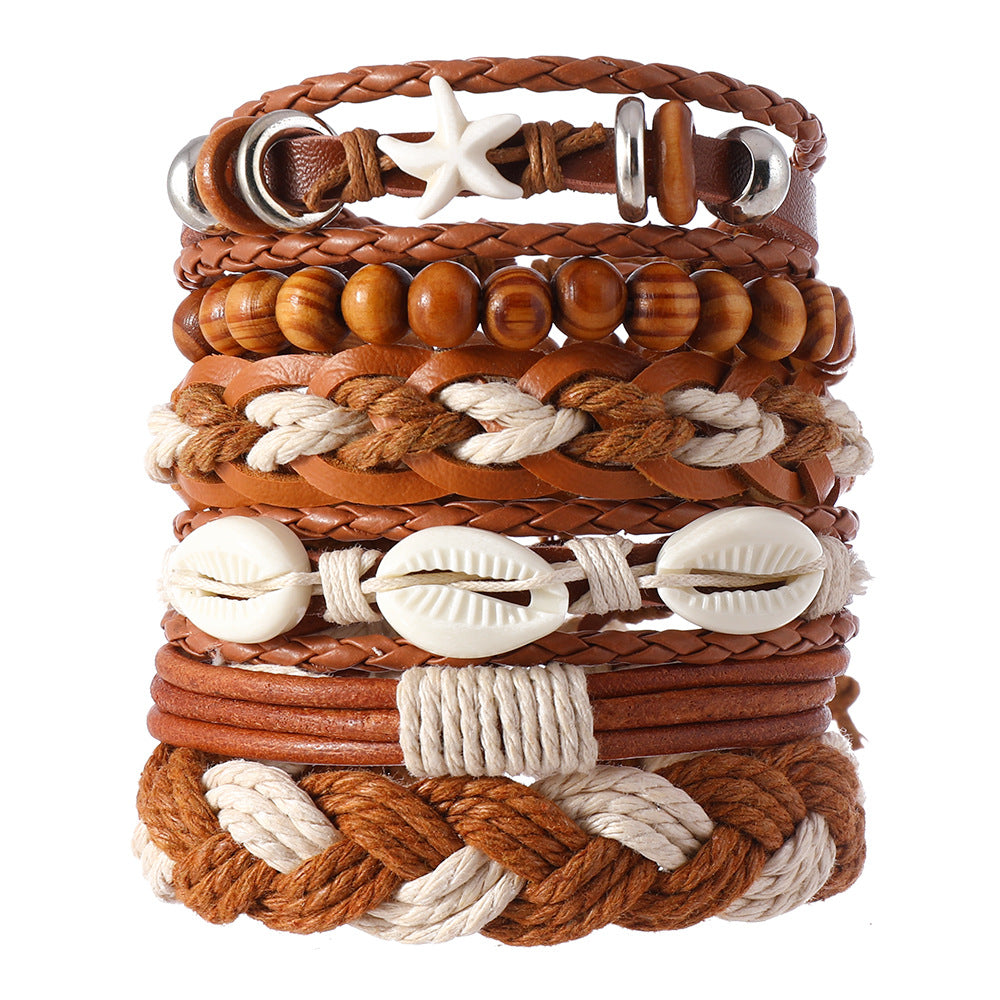 Wholesale Retro Star Design 6 Piece Multi Layer Leather Bracelet Set With Wood Beads Stylish Unisex Gift