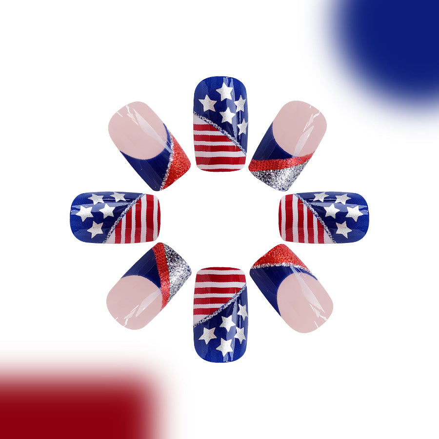 Wholesale 24 Pieces/box American Independence Day Short Glitter Striped Manicure Press-on Nails Kits Nail Stickers ACC-NS-GuaiXL014