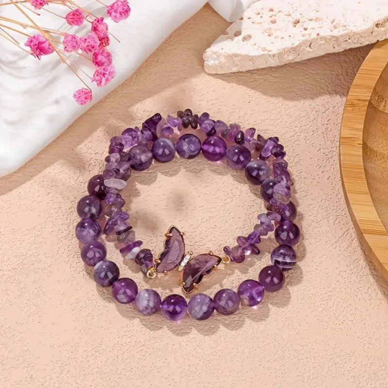 Wholesale Butterfly Design Natural Stone Bracelet Set - Amethyst Handmade Beads Jewelry Accessory