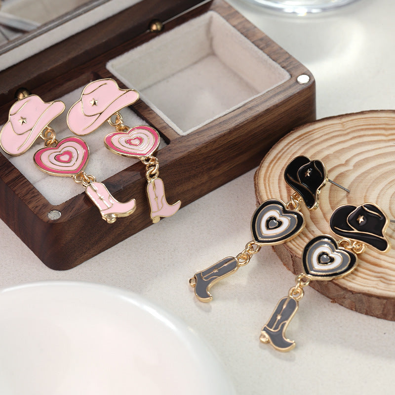 Wholesale western cowboy hat boots alloy drip oil love alloy earrings ACC-ES-RuLong010