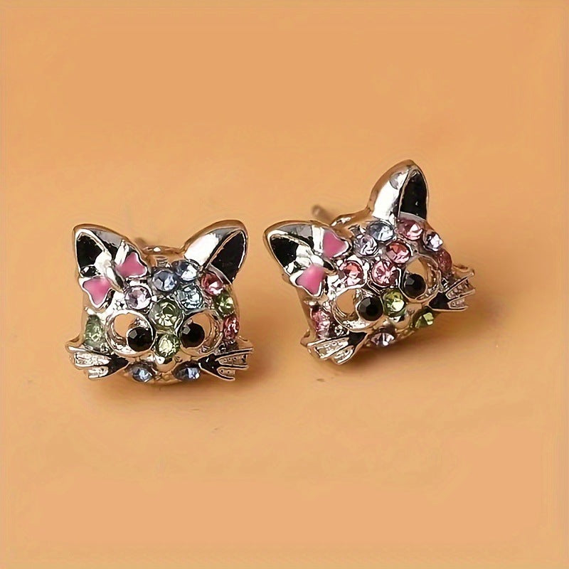 Wholesale Cartoon Colored Rhinestone Cat Alloy Earrings Necklace Ring ACC-NE-XunOu010