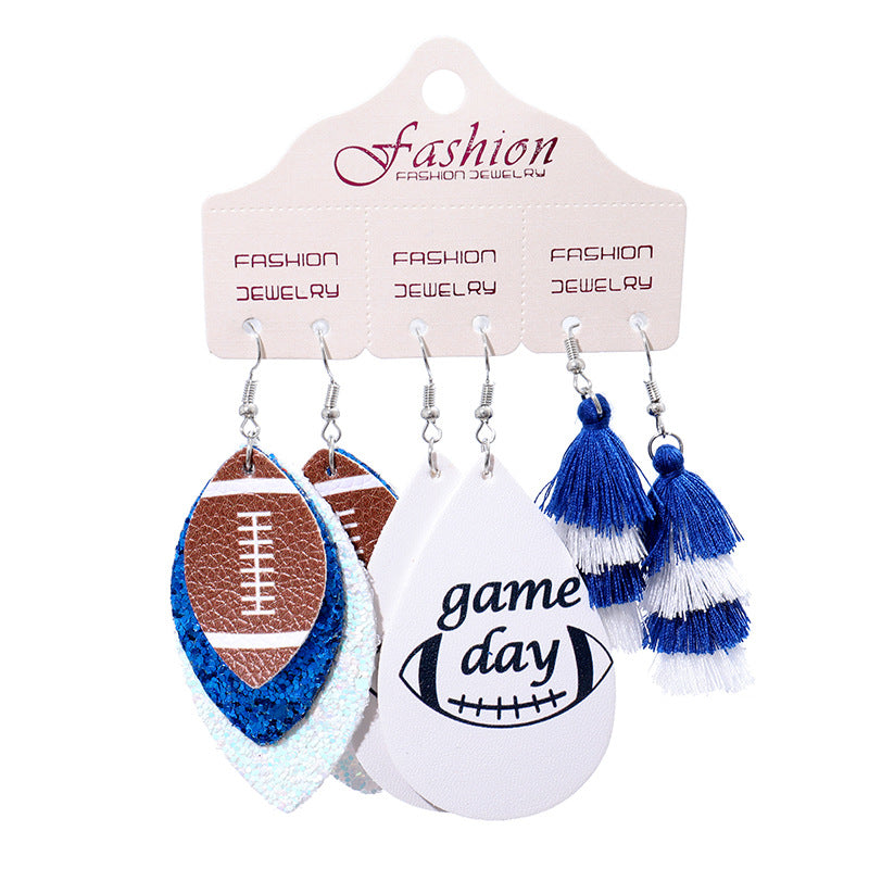 Wholesale 2 Sets Christmas Independence Day Football Rugby Softball Multi-layer Tassel Cheerleading PU Leather Earrings Set ACC-ES-HY128