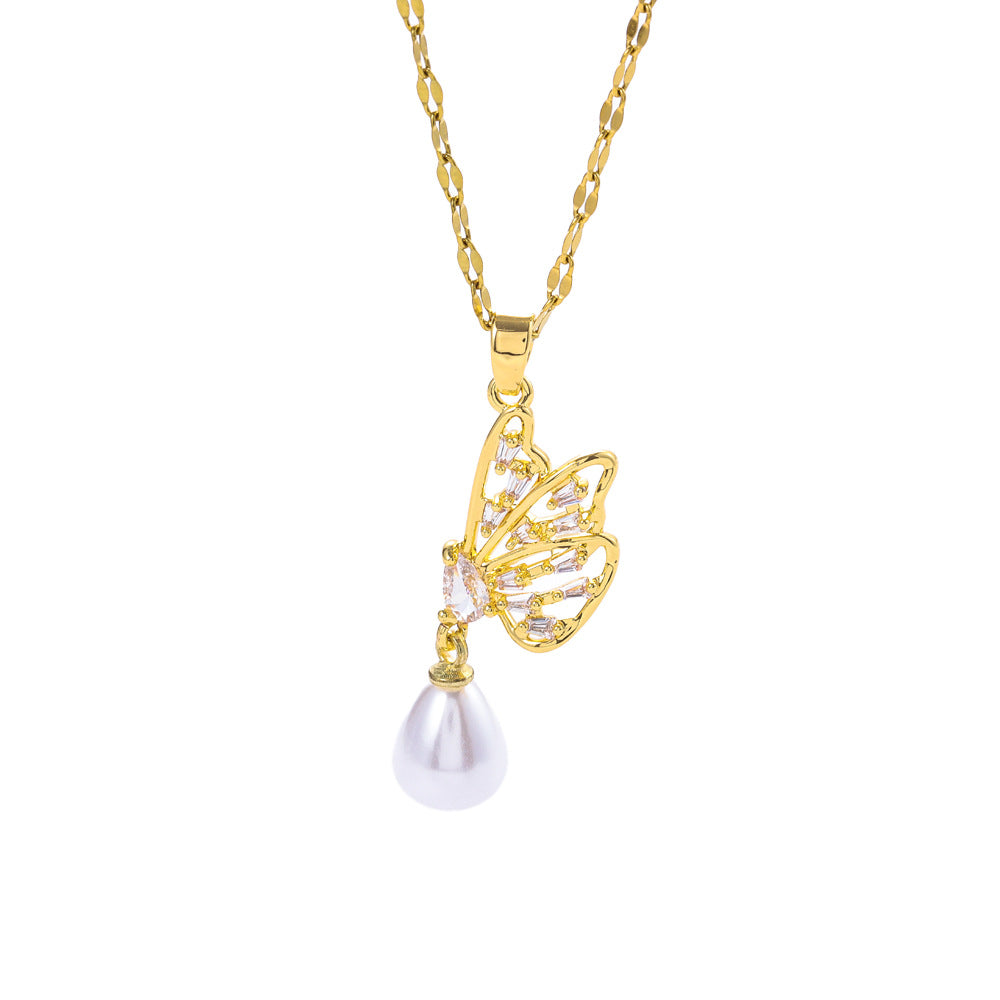 Wholesale Light Luxury  Zircon Inlaid Half Butterfly Pearl Pendant Women's Titanium Steel Necklace Earrings suit Jewelry