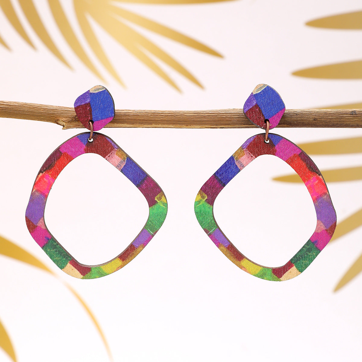 Wholesale  Bohemian Style Colorful Leaf-shaped Wooden Earrings