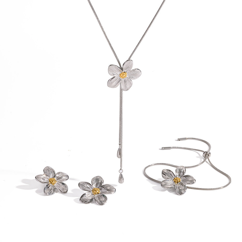 Wholesale Stainless Steel Flower Jewelry Set Matching Bracelet Earrings Necklace Trendy Everyday Fashion Accessory