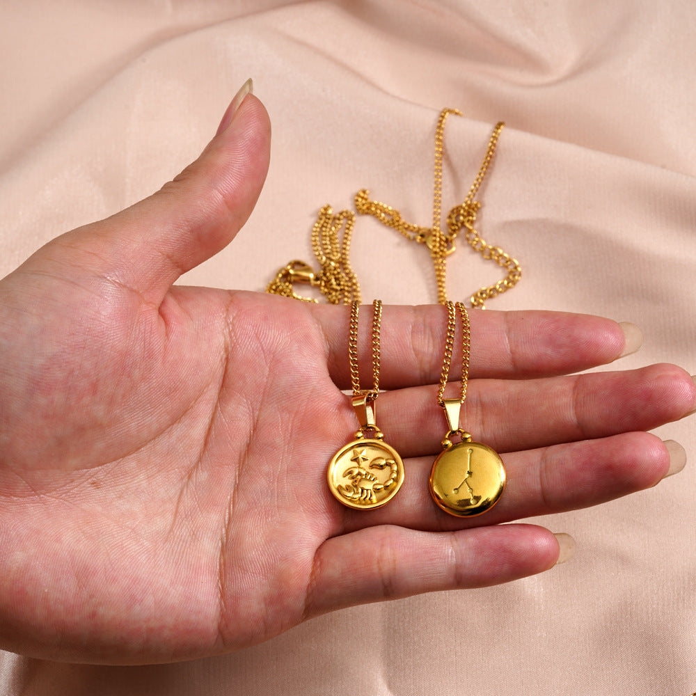 Wholesale  18K gold stainless steel 12 constellation pendant double-sided  necklace