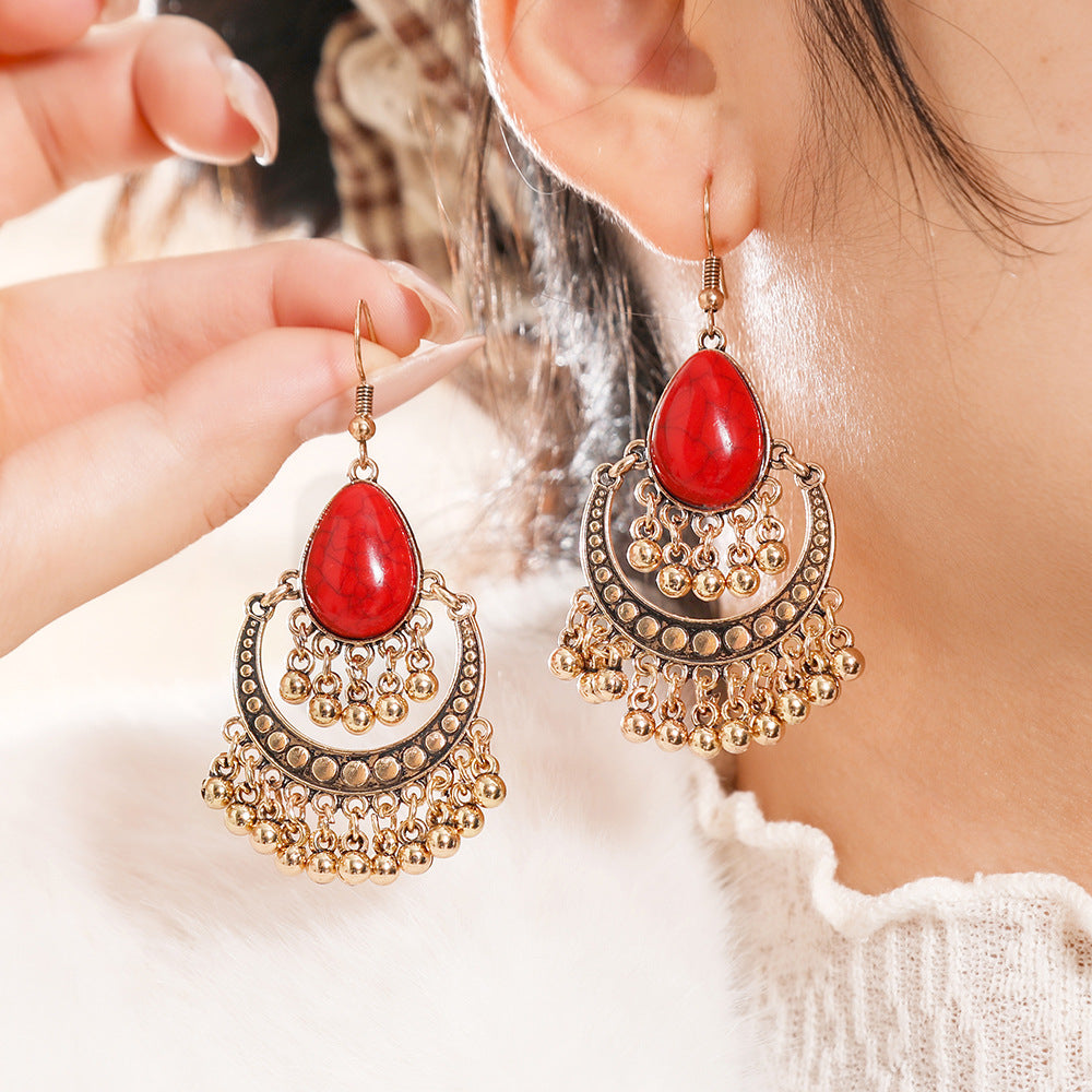Wholesale French Retro Ethnic Style Red Rice Bead Round Earrings Alloy Dripping Oil Finish Everyday Wear Gift