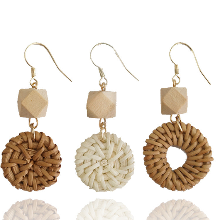 Wholesale Natural Rattan Round Earrings Beach Holiday Style ACC-ES-Jixuan005