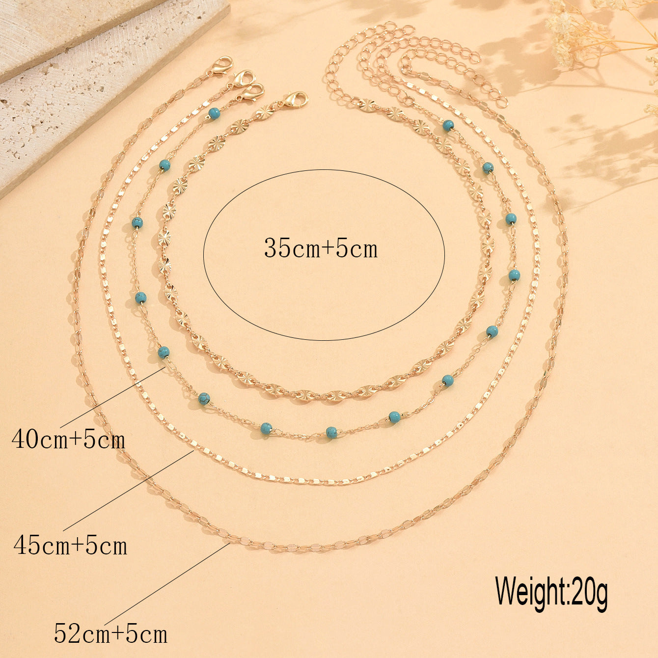 Wholesale Casual French-Style Turquoise Beaded Necklace Set of 4,  Gold-Plated Collarbone Chain Jewelry Accessory for Women