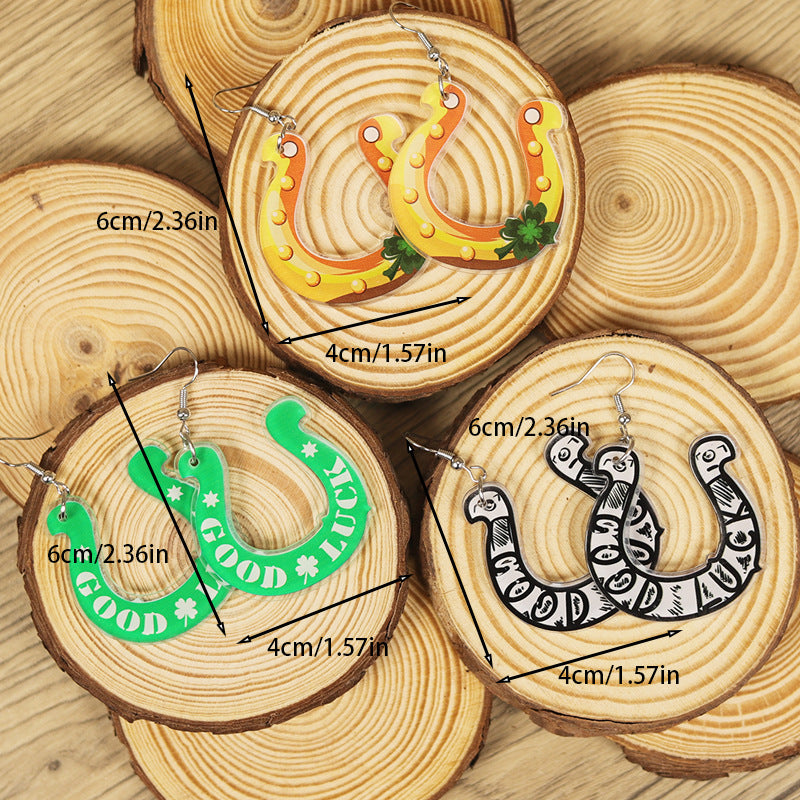 Wholesale  Western Style Cute Horseshoe Multi-Color Letter Good Luck Printed  Acrylic Earrings