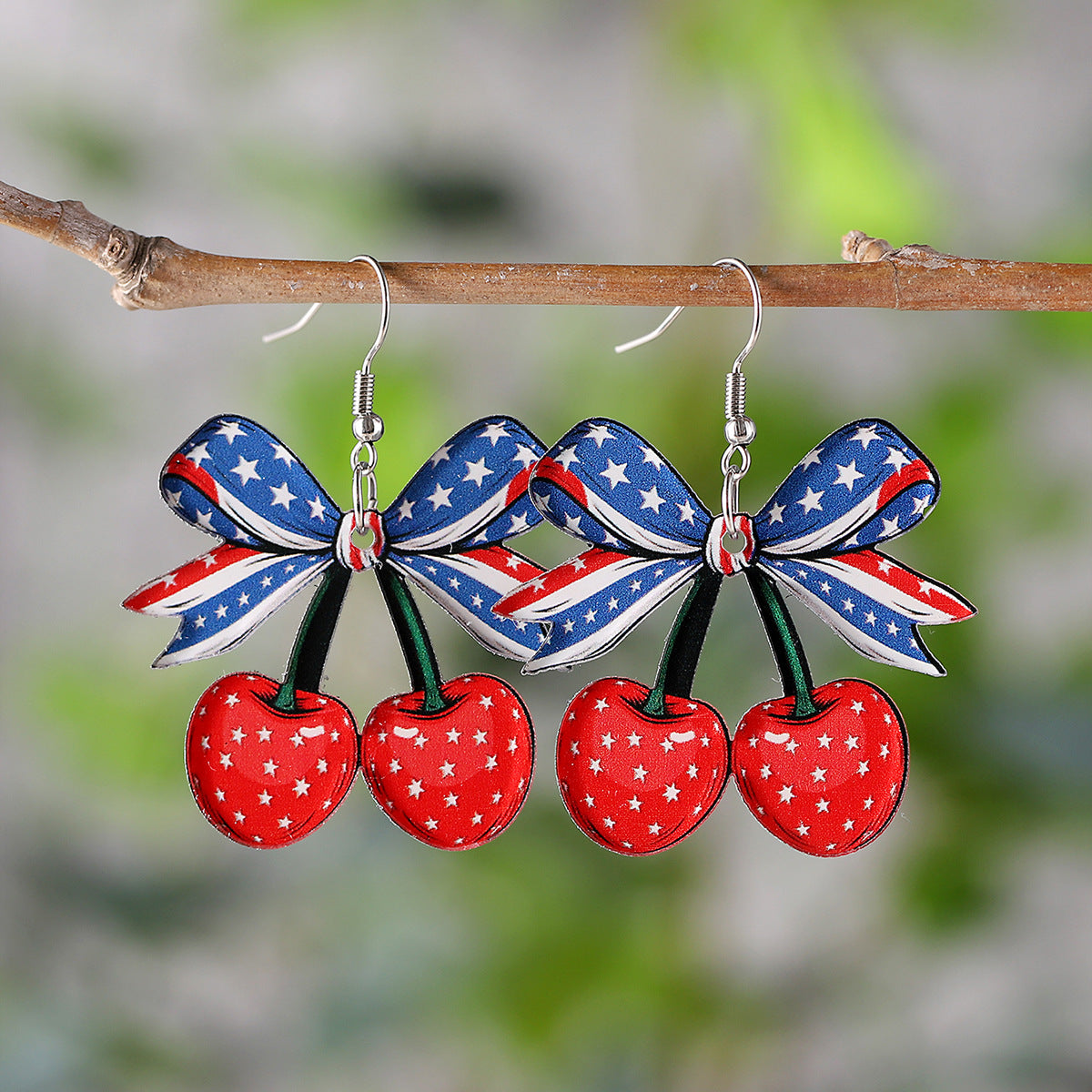 Wholesale Independence Day Red, White and Blue Bow Cherry American Flag Earrings