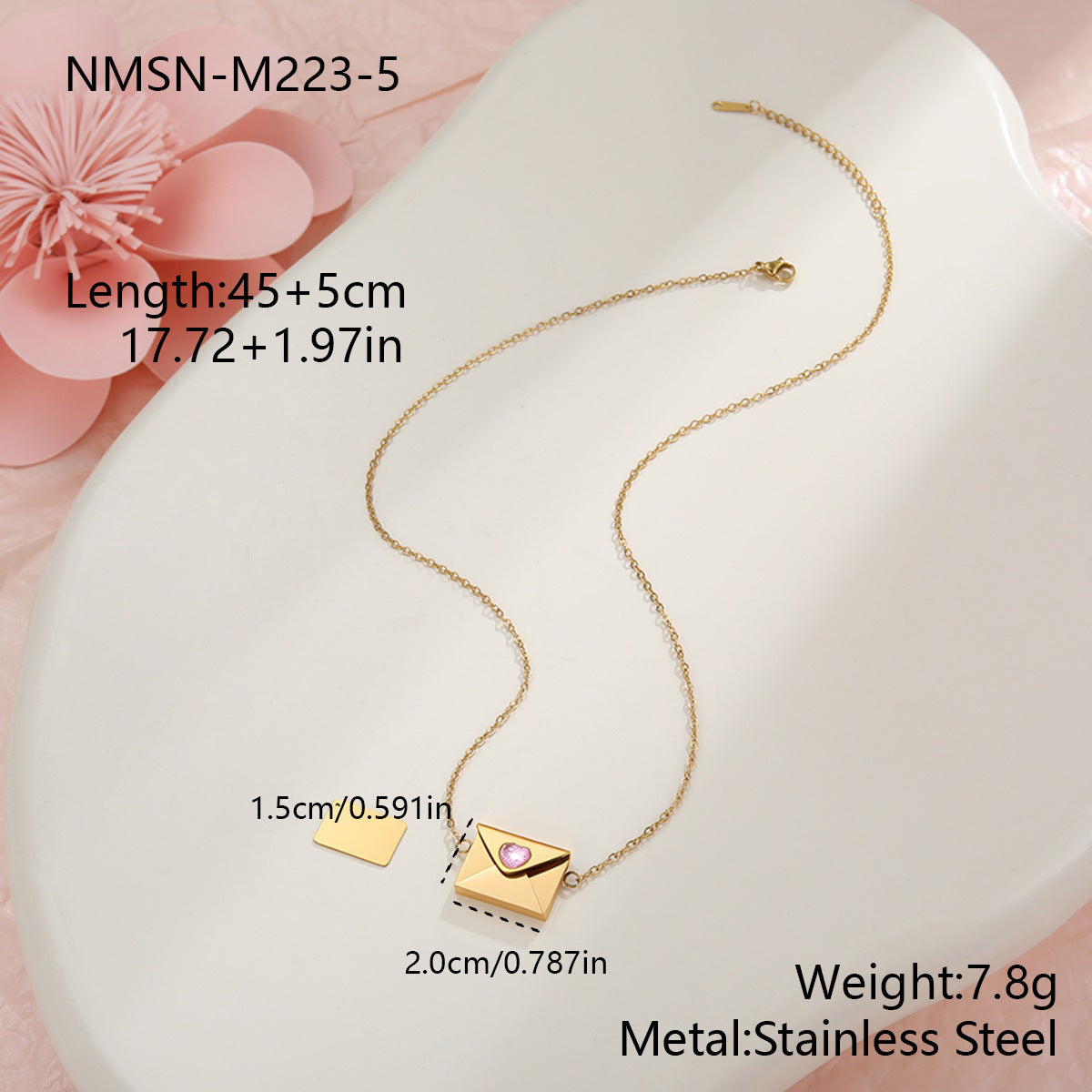 Wholesale Stainless steel 18K gold plated envelope heart-shaped diamond necklace