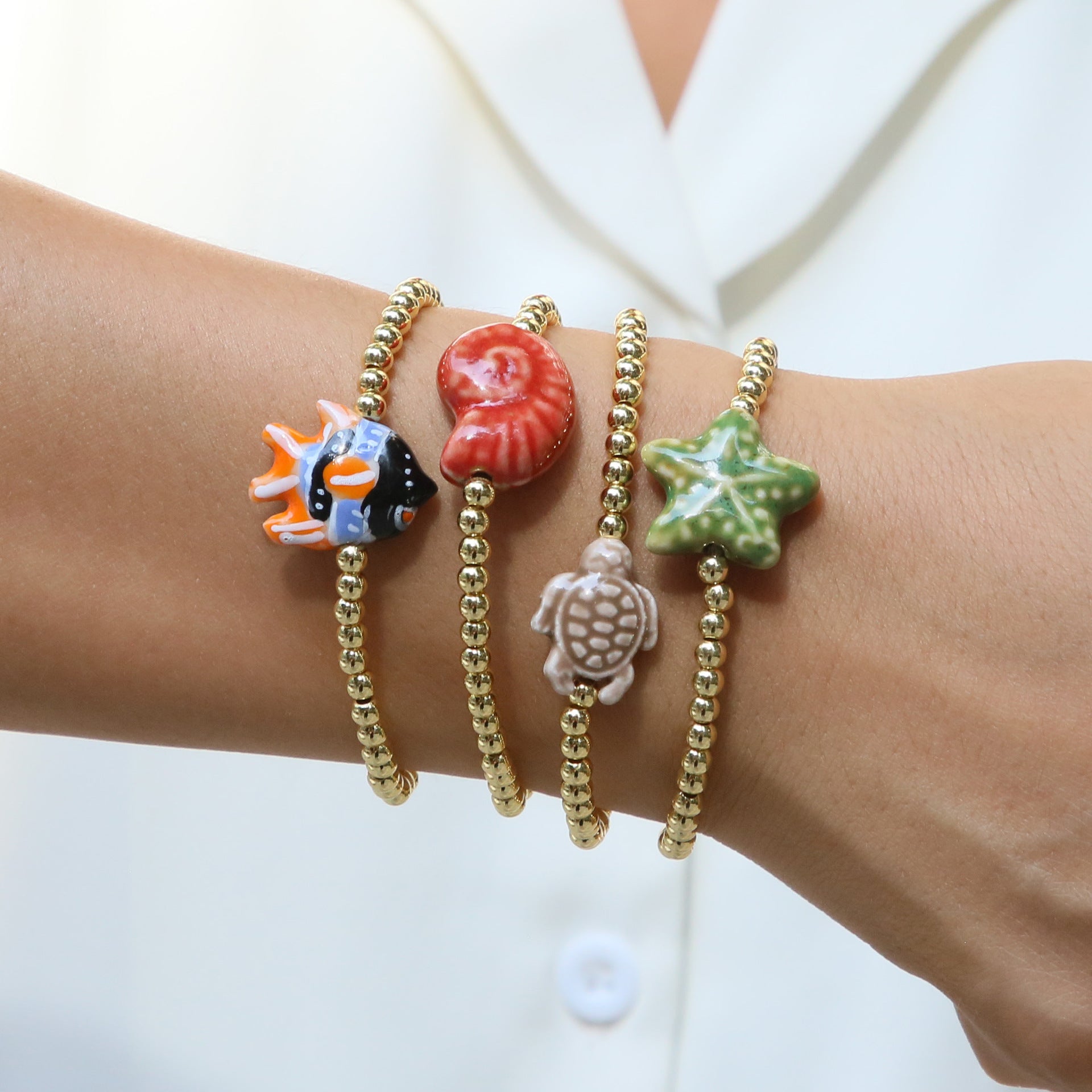 Wholesale Ocean Series Beach Style Conch Starfish Shell Fish Ceramic Glass Copper Bead Bracelet