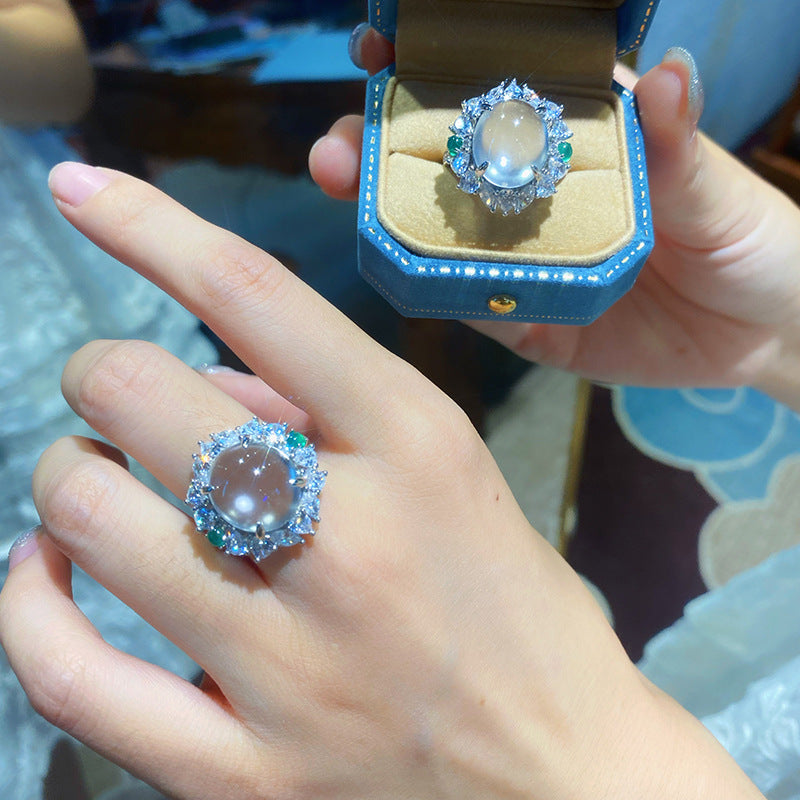 Wholesale Natural Ice Transparent Green Chalcedony Gray Agate White Jade Full Diamond Open Rings ACC-RS-KaLuoqi001