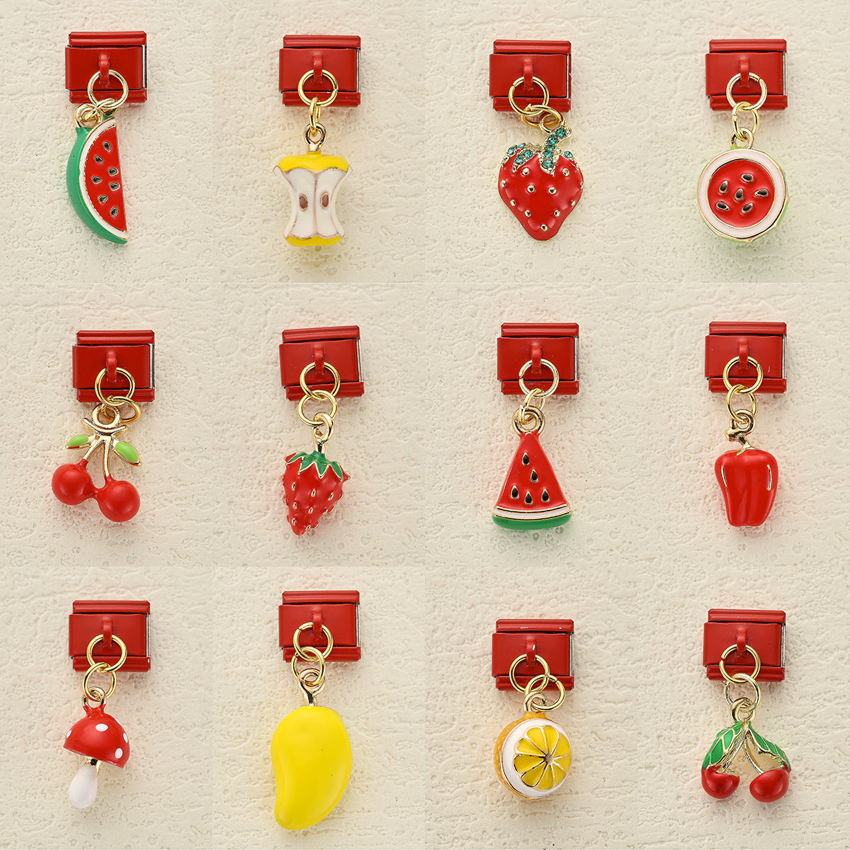 Wholesale 5pcsvCherry Strawberry Watermelon Pendant Red Italian Module DIY Stainless Steel Bracelet Accessories