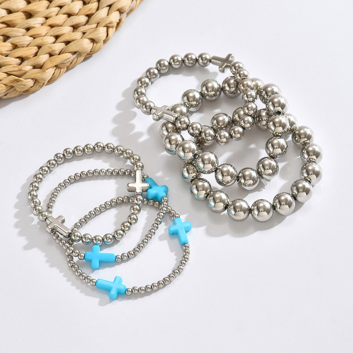 Wholesale Handmade Silver Beaded Cross Bracelet,  Fashion Accessory for Everyday Wear