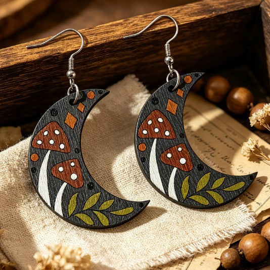 Wholesale Retro Moon Flower Wooden Earrings Printed Leaf Design Fashion Jewelry Accessory For Boutique Resale Gift