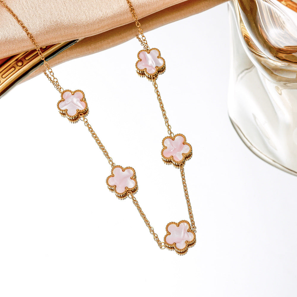 Wholesale Five Leaf Clover Pendant Necklace Pink Gradient Stainless Steel Jewelry Accessory
