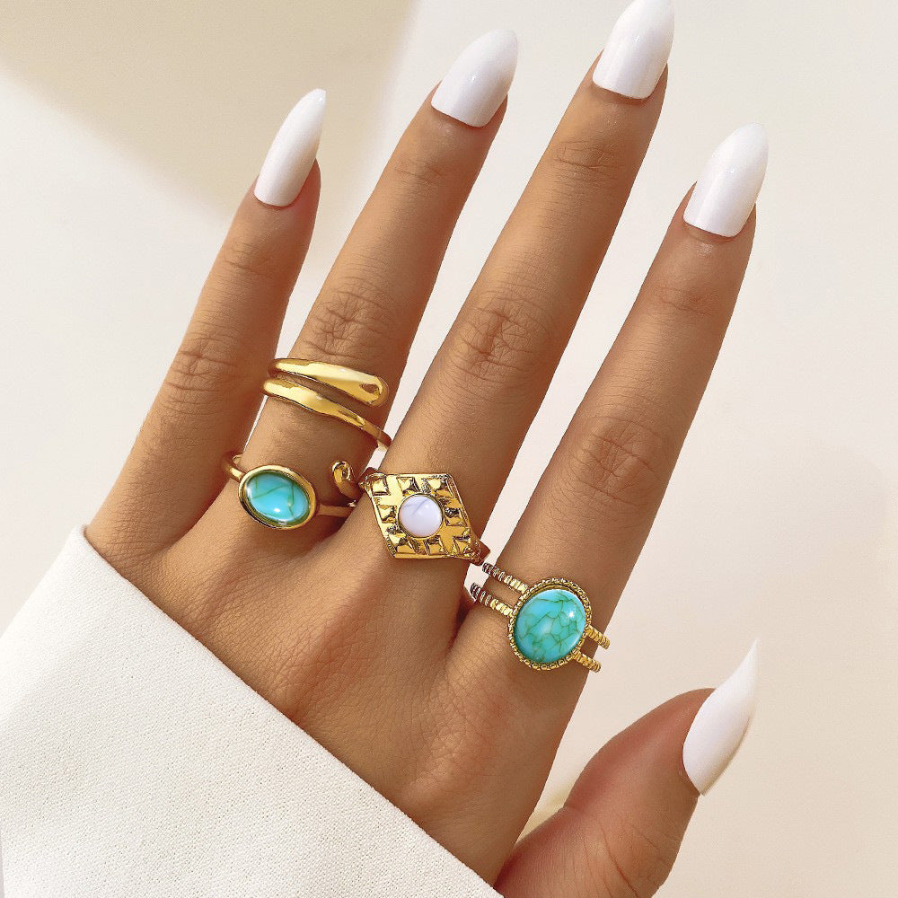 Wholesale  turquoise twist ring 6-piece gold wave knuckle ring